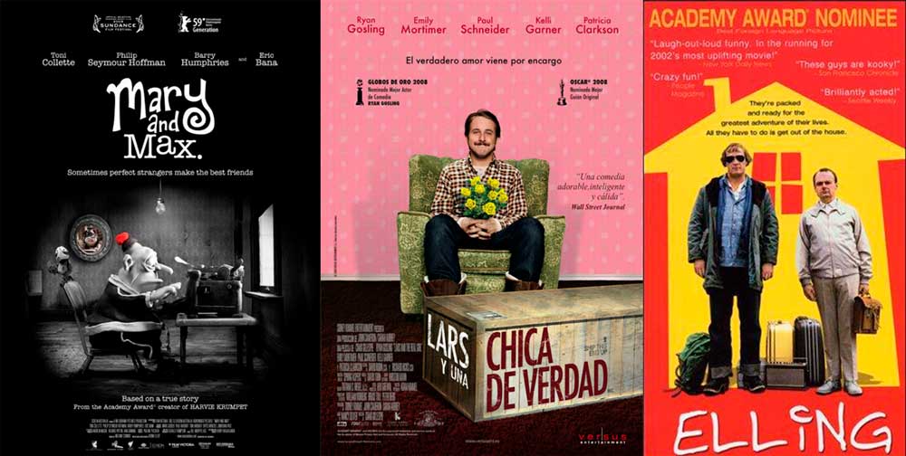 Películas sobre fobia social por ansiedad: Mary and Max (2009), Lars y una chica de verdad (Lars and the Real Girl, 2007), Elling (2001)
