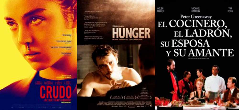 Películas sobre trastornos alimenticios: Crudo (Grave, 2016), Hunger (2008), El cocinero, el ladrón, su mujer y su amante (The Cook, the Thief, His Wife and Her Lover, 1989)