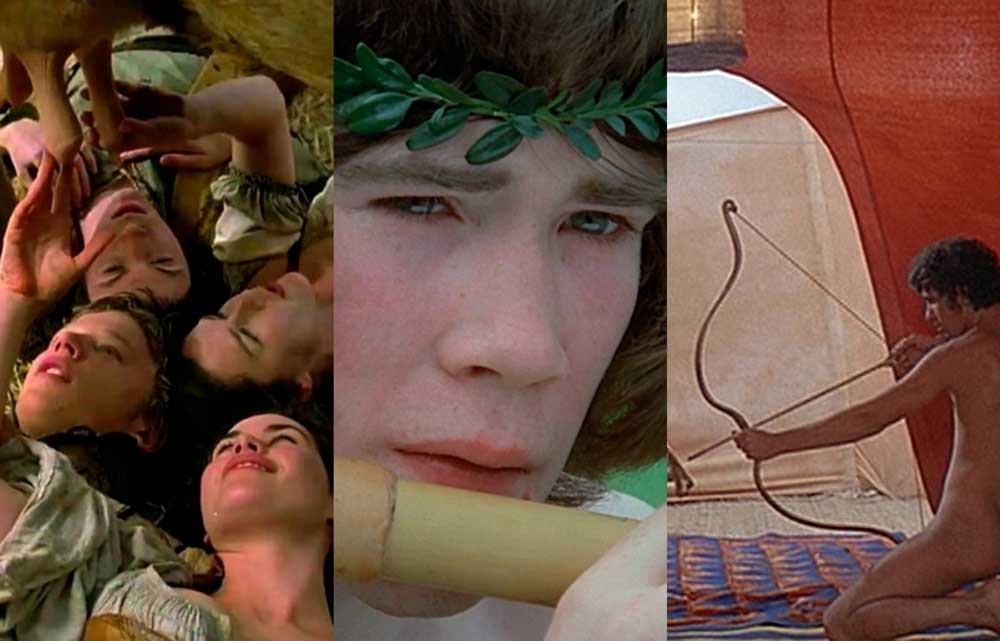 Fotogramas de las películas El decamerón (Il Decameron, 1971), Los cuentos de Canterbury (I racconti di Canterbury, 1972) y Las mil y una noches (Il fiore delle mille e una notte, 1974), de Pier Paolo Pasolini