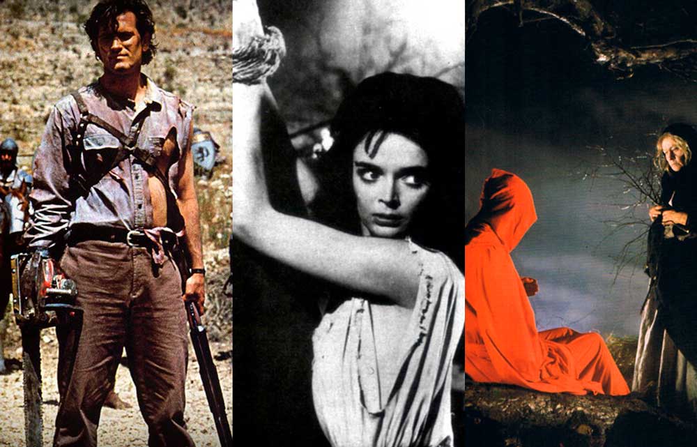 Fotogramas de las películas El ejército de las tinieblas (Army of Darkness, 1992), de Sam Raimi; La máscara del demonio (La maschera del demonio, 1960), de Mario Bava; y La máscara de la muerte roja (The Masque of the Red Death, 1964), de Roger Corman.