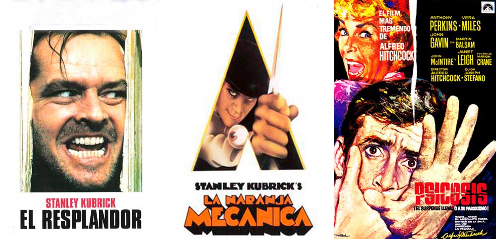 Películas sobre trastornos antisociales: El resplandor (The Shining, 1980), La naranja mecánica (A Clockwork Orange, 1971), Psicosis (1960)